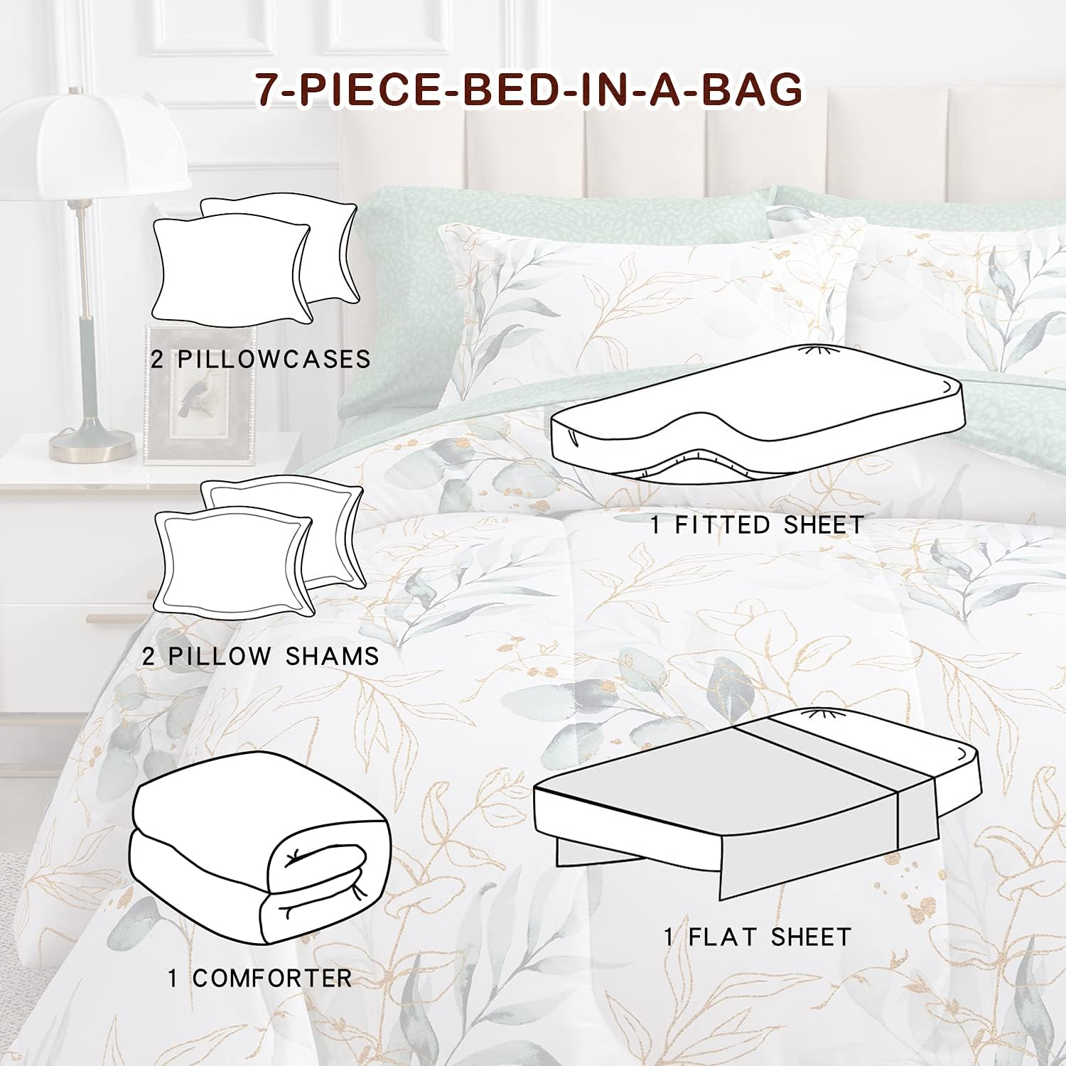 Joyreap 7 Piece Bed in a Bag Queen, Green Leaves Printed on White Botanical Design, Microfiber Set for All Season (1 Comforter, 2 Pillow Shams, 1 Flat Sheet, 1 Fitted Sheet, 2 Pillowcases)