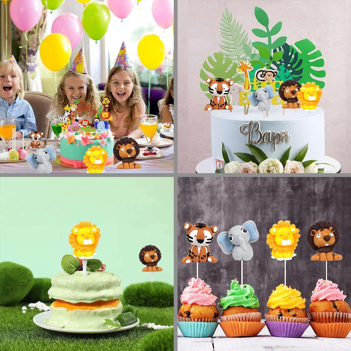 Jungle Safari Animal Cake Toppers, 14Pcs Happy Birthday Animal Cake Decoration Giraffe Tiger Lion Elephant Cake Topper for Jungle Animals Theme Party Baby Showers Kid Birthday Party Supplies image number 1