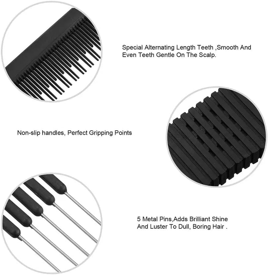 Black Carbon Lift Teasing Combs with Metal Prong, Salon Teasing Back Combs, Lifting Fluffing Comb with 5 Stainless Steel Pins image number 1