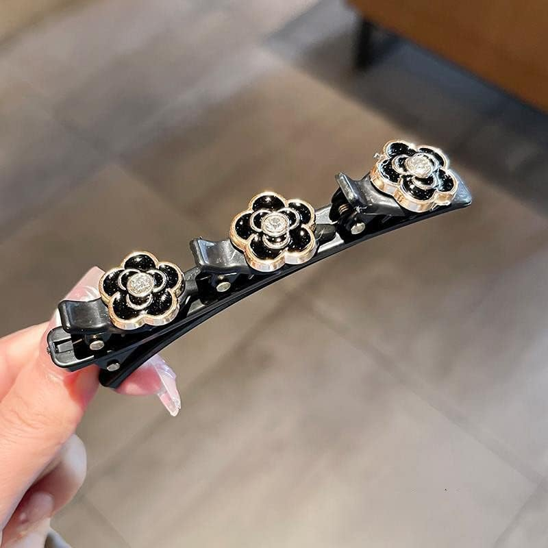 Pack of 2 Hair Clips with Crystal Flower Double Bang Hairstyle Hair Pin Clips with 3 Hair Clips Headband with Clips Hair Clips Hair Clips for Thick Hair for Women Girls Black image number 4