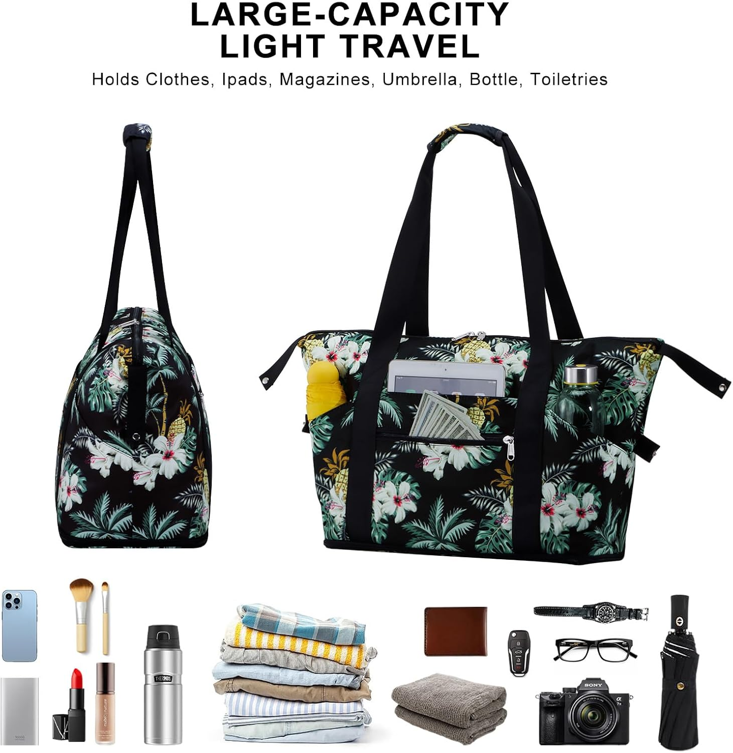 HAWEE Expandable Duffel Bag for Women with Trolley Sleeve/Wet Pocket Weekender Travel Tote Large Carry on Overnight Luggage - Beige Flower image number 3