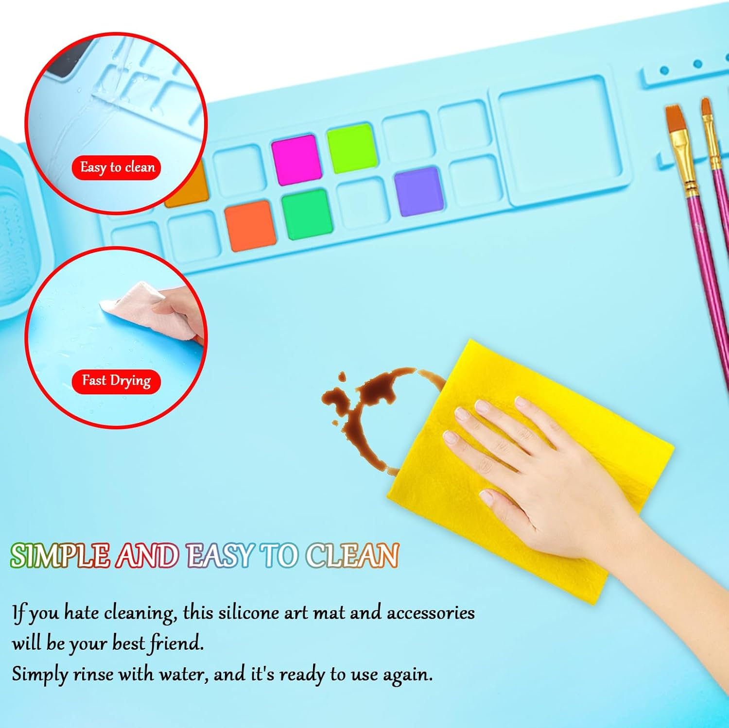 YBVABE Silicone Art Mat, 51 X 41Cm - Paint Mat with Scrubber Cup & 14 Color Dividers, for Art, Painting, Clay & DIY Creations, Blue image number 6