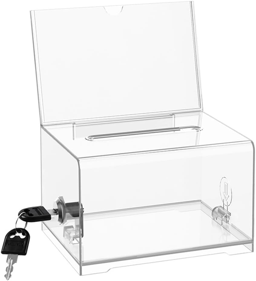 MOTRAIN Clear Acrylic Suggestion Box with Lock and Sign Holder, Donation, Ballot, Voting, and Fundraising Box for Charity, Office, and Events (6.1 X 4.5 X 8 Inches) (Black)