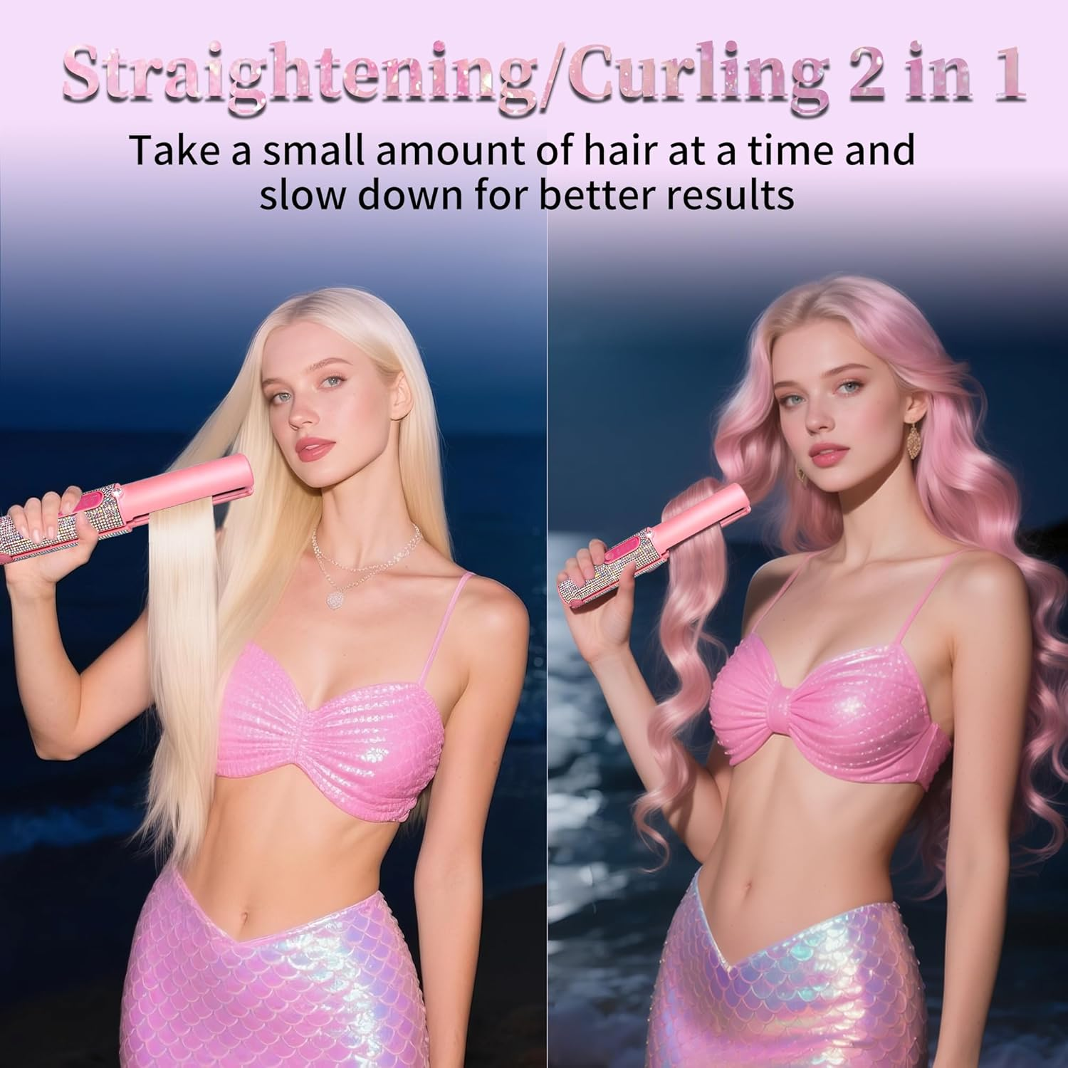 Cordless Hair Straightener, Portable Straightener 2 in 1 for Hair Straightening and Curling, Fast Heating Flat Iron, Cordless Curling Iron 5000Mah Rechargable for Travel (Mermaid) image number 4