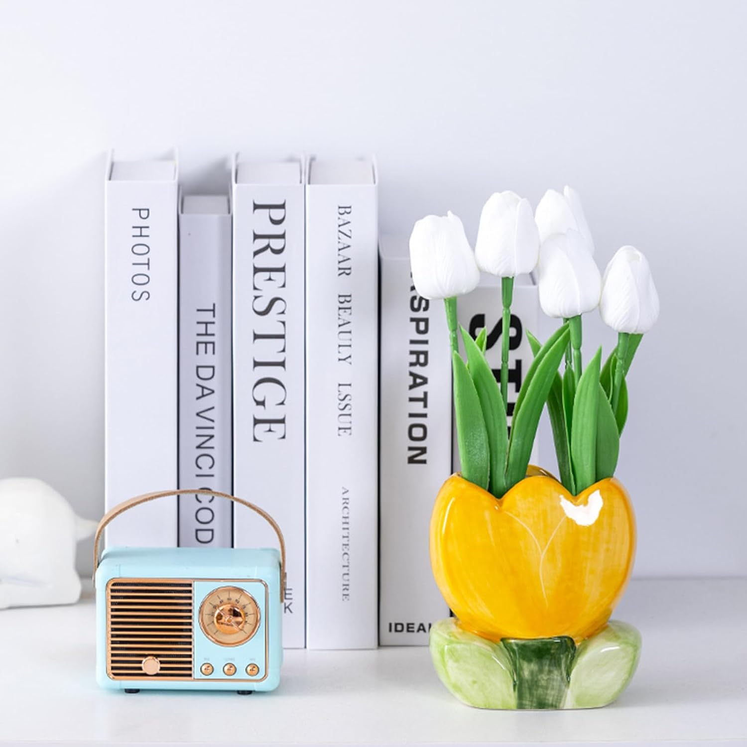 TANG SONG Ceramic Tulip Make up Brush Holder Flower Cosmetic Storage Box Pen and Pencil Holder Desktop Organizers (Yellow) image number 3