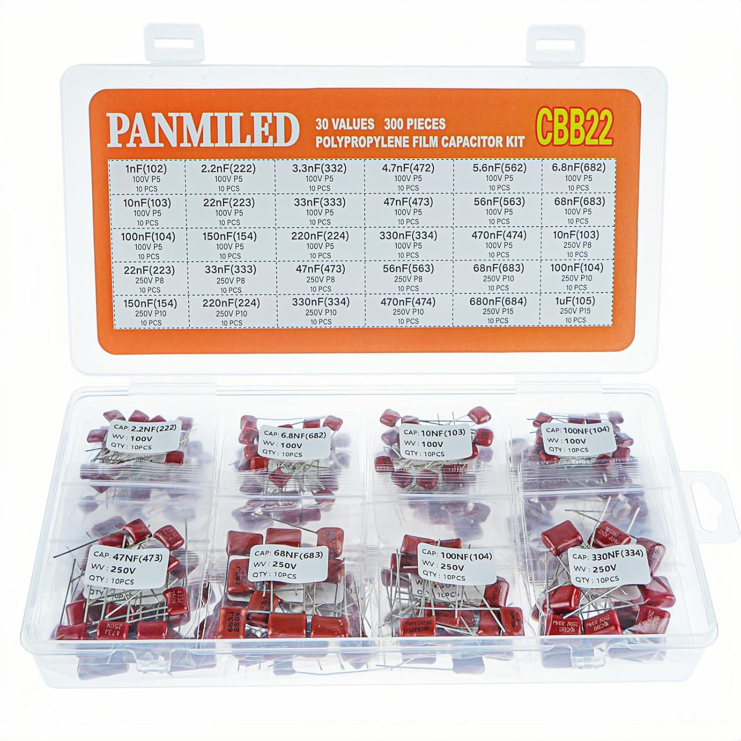 PANMILED 25 Values 250 Pieces Metallized Polypropylene Film Capacitor Kit 400V (0.01Uf ~ 0.68Uf) and 630V (0.001Uf ~ 0.33Uf) CBB22 Polyester Capacitor Assortment Kit image number 4