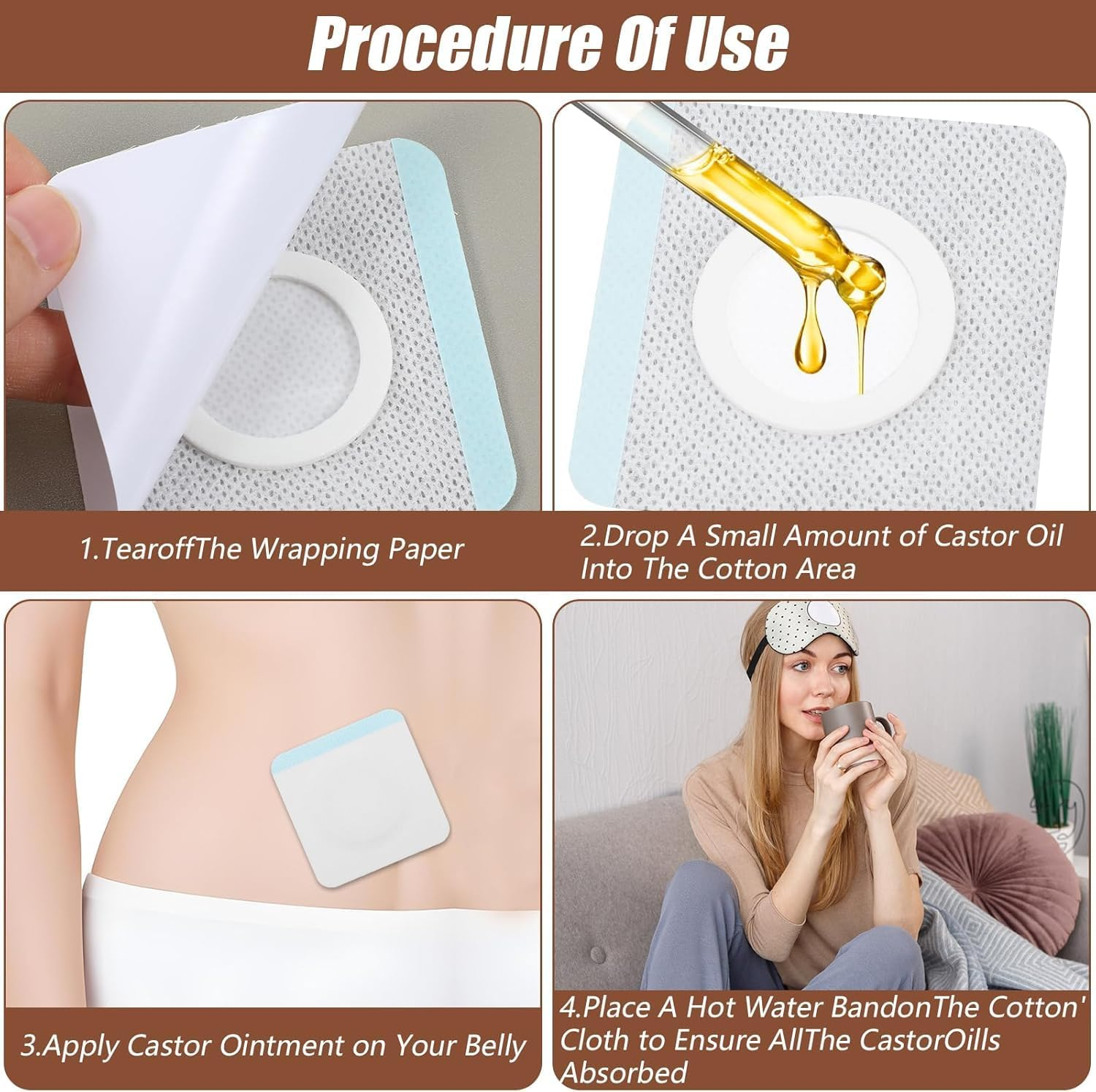 100Pcs Castor Oil Pack Wrap for Belly Button, 5&times;5Cm Self-Adhesive Castor Oil Belly Button Wrap Pads, Highly Absorbent Organic Cover Compress Patches (White 5Cm) image number 2