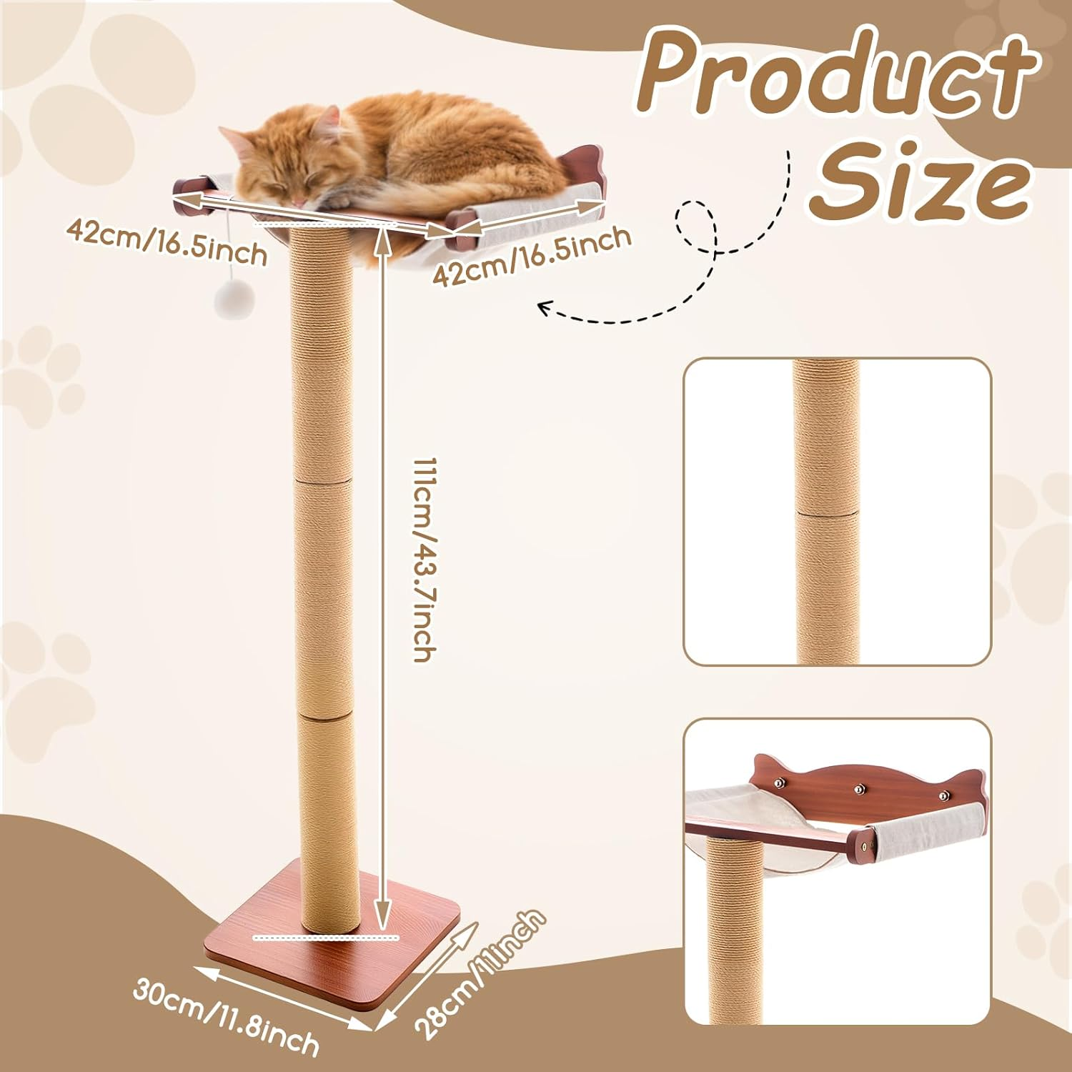 Sintuff Cat Window Perch with Scratching Post Climbing Tree Hammock Mounted with Suction Cups 46 Inch Tall Adjustable Narrow Cat Tree Climbing Pole for Playing Sleeping Watching Birds (Round) image number 4