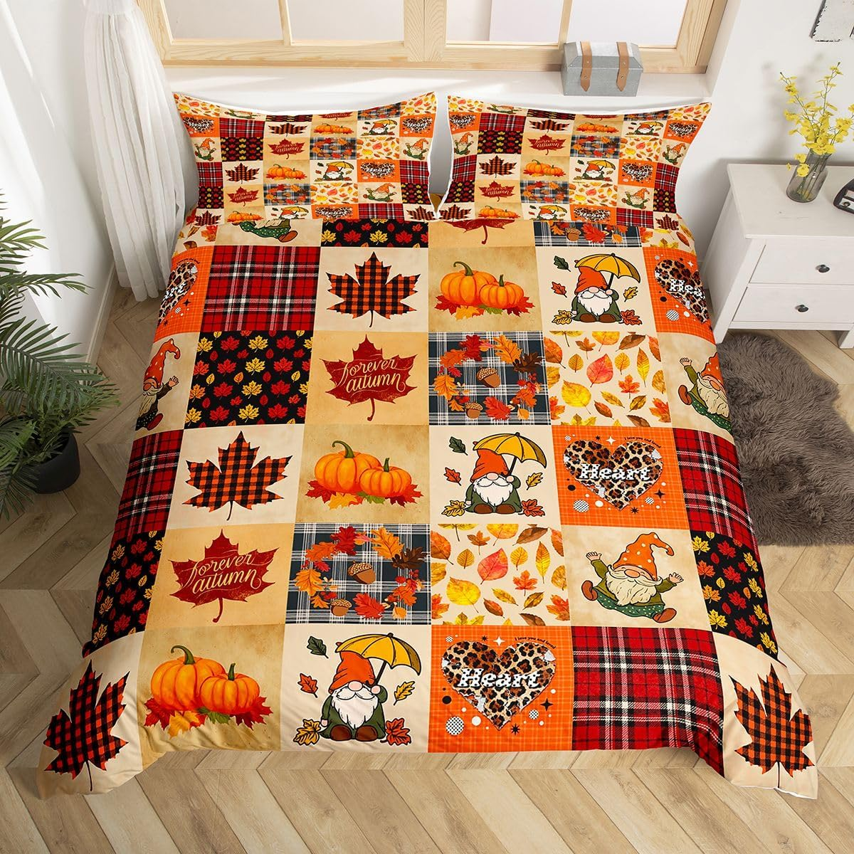 Fall Bedding Set Thanksgiving Day Gifts Duvet Cover for Boys Girls Women Autumn Harvest Comforter Cover Happy Fall Y'All Fall Season Bedspread Cover Geometry Grid Patchwork Bedding Queen Size image number 3