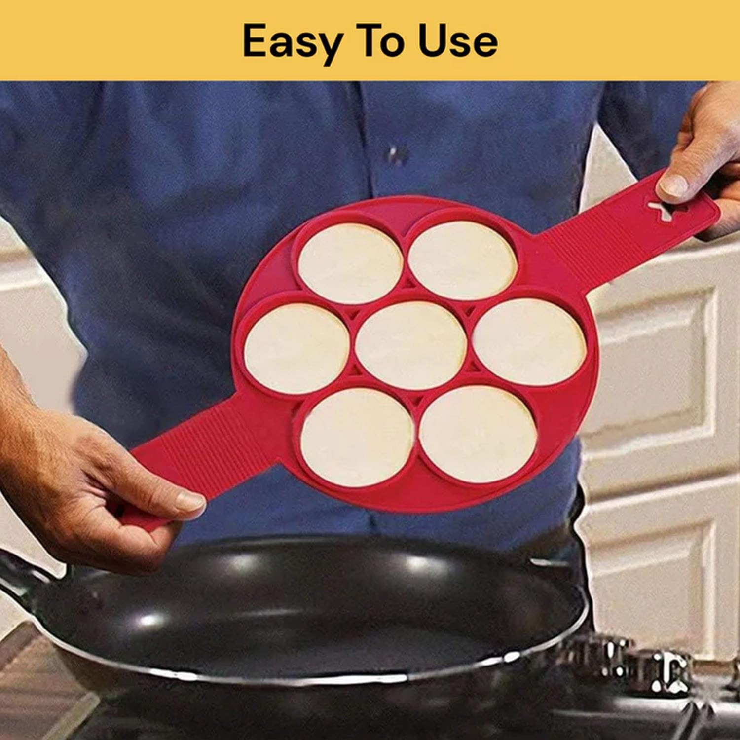 EZONEDEAL Pancake Mold Maker, Breakfast Mold Flip Cooker, Silicone 7 round Nonstick Egg Rings Set, Great for Cooking Fried Eggs, Hash Browns, Crumpets, Omelets on Griddle for Your Loved Ones-Red