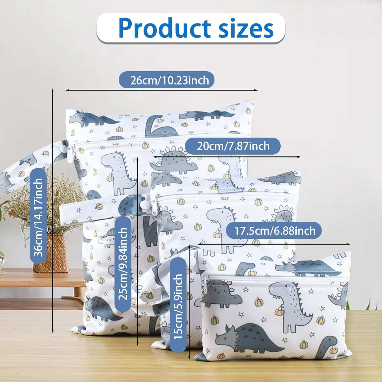 Pack of 3 Dinosaur Motifs Wet Bags Nappy Bag, Wetbag, Wetbag, Nursery Nappy Bag for on the Go with Zip, Wet Bag, Nappy Bag, Wet Bag, Organiser for Swimming and Travel image number 1