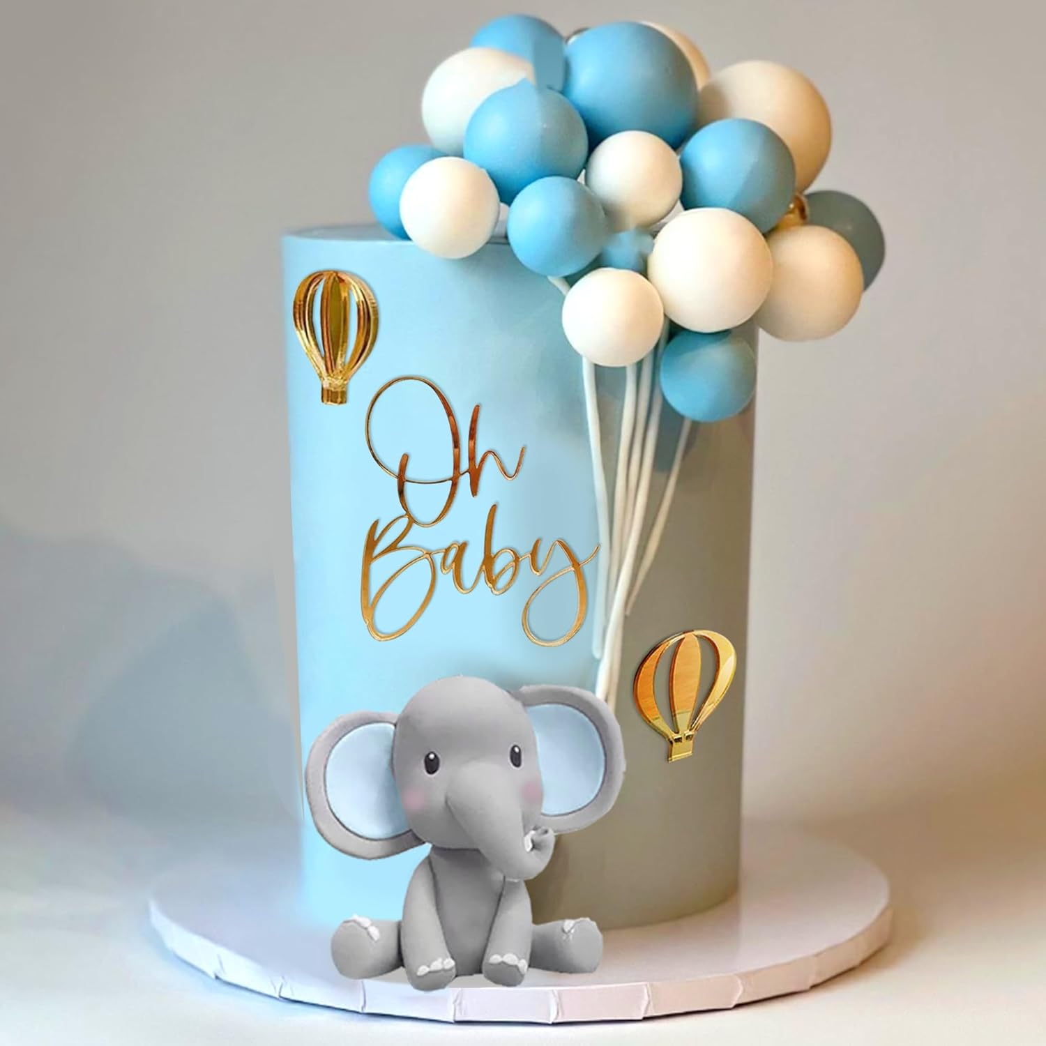 Elephant Cake Decoration with Mini Elephant Oh Baby Cake Topper Blue White Pearl Balls Hot Air Balloon for Baby Shower Boy Elephant Theme Birthday Party Supplies (BLUE) image number 2