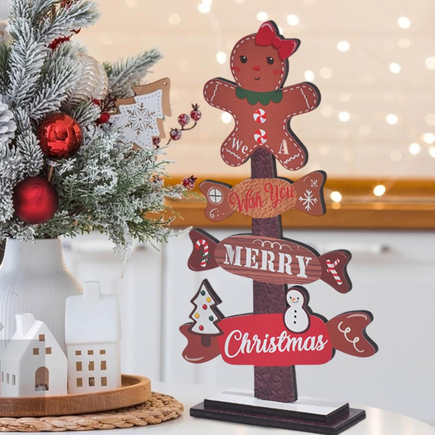 Wood Christmas Trees,Small Table Top Christmas Tree with Gingerbread Man Topper - Holiday Ornament Christmas Tiered Tray Decor Decorative Sign for Shopping Window Desk Shelf image number 2