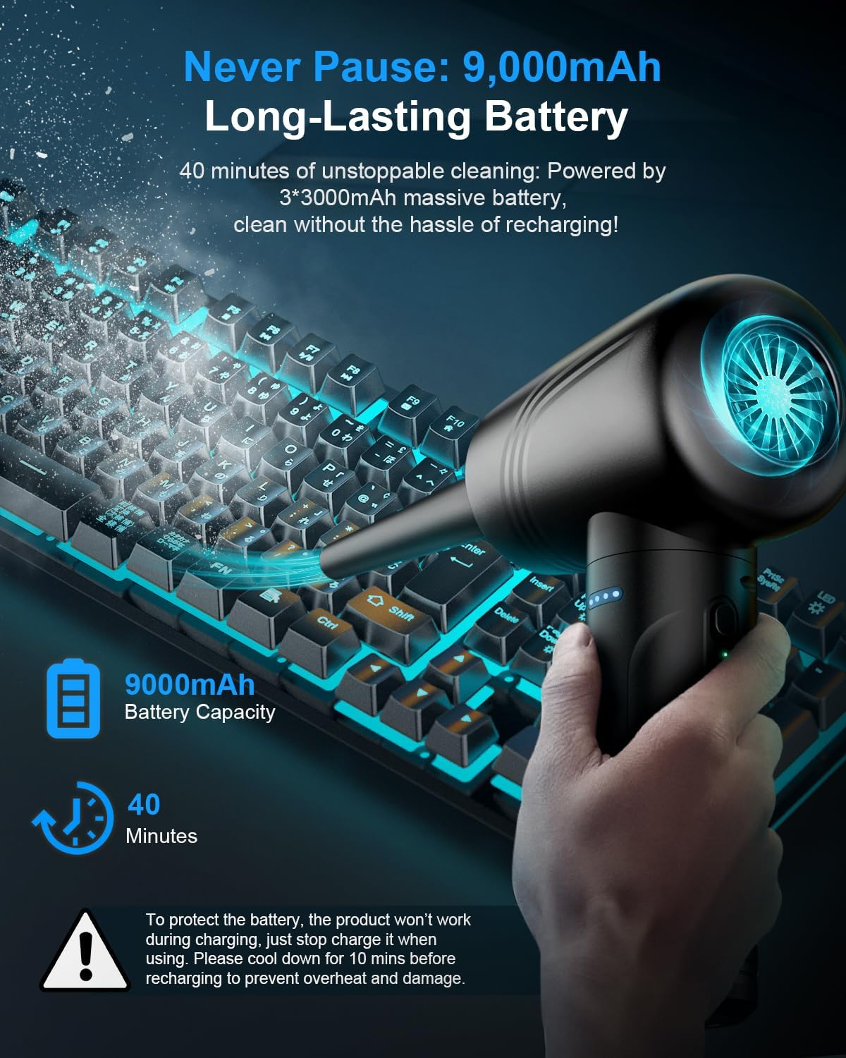 BANKKY Electric Air Duster: 3-Gear Adjustable 120000 RPM Compressed Air Duster with LED Light- Adjustable Rechargeable Jet Air Blower - 9000Mah Cordless Dust Blower for Computer, Keyboard and Car image number 5