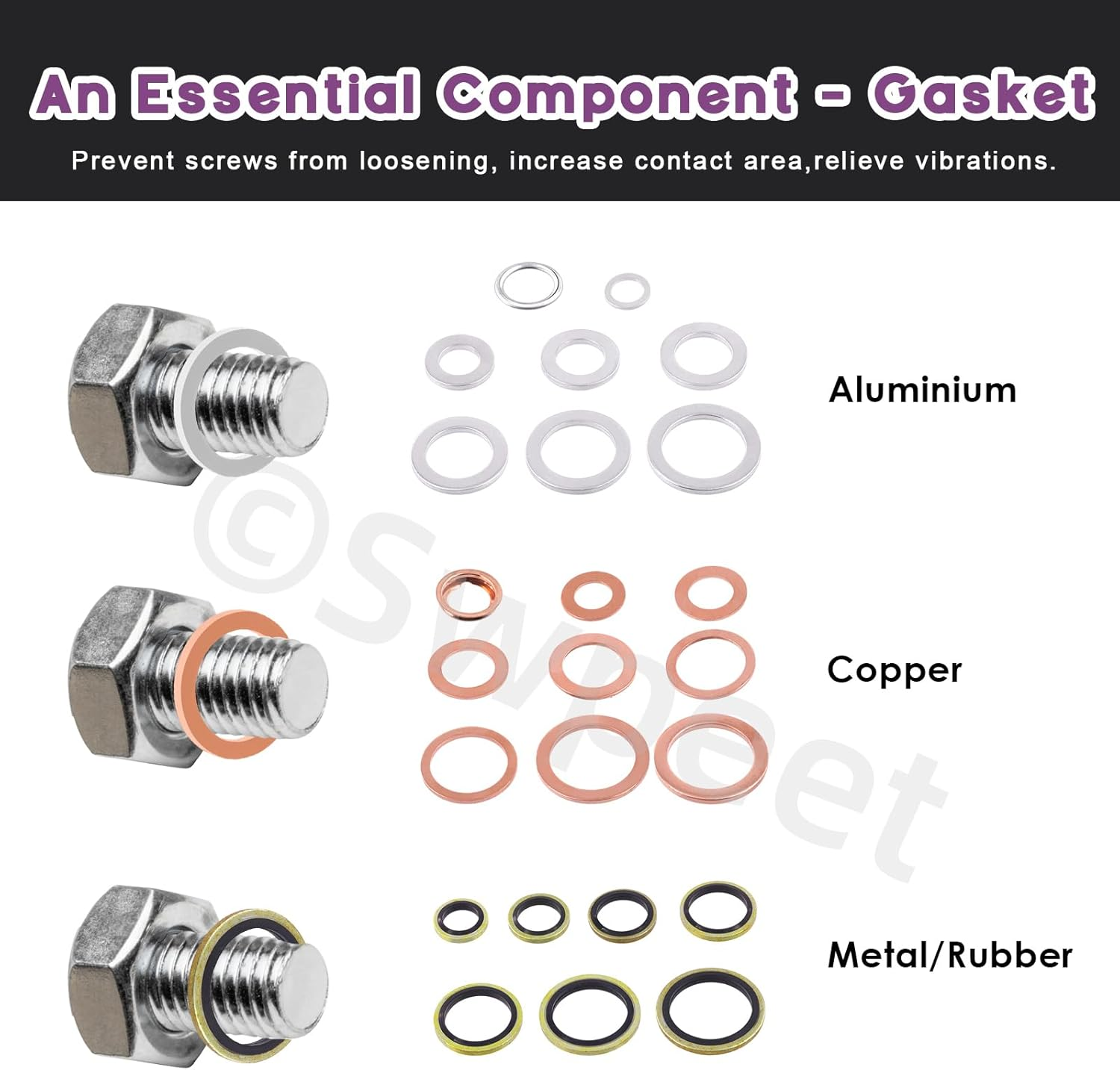 Swpeet 143Pcs M8 M10 M12 M14 M16 M18 M20 Aluminium & Cooper Washer Gasket and 2 Styles Oil Drain Plug with Yellow Zinc Plated Sealing O Rings Assortment Kit, Oil Crush Washers Seals for Most Cars image number 2