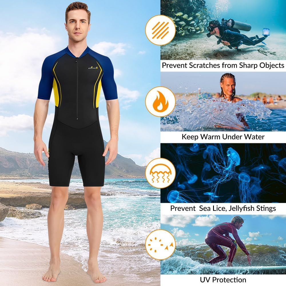 WOTOW Men&rsquo;S Shorty Wetsuit, 1.5Mm Neoprene Diving Suits Front Zip Short Sleeve Wet Suit for Surfing Diving Swimming Snorkeling Kayaking image number 1