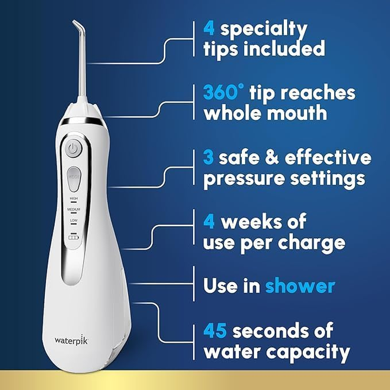 Waterpik Cordless Advanced Pro 2.0 Water Flosser - Ultra-Quiet, Waterproof & Rechargeable, 3 Pressure Settings, 360&deg; Tip Rotation, Ideal for Implants & Braces, 2-Year Warranty, White (WP-580A) image number 6