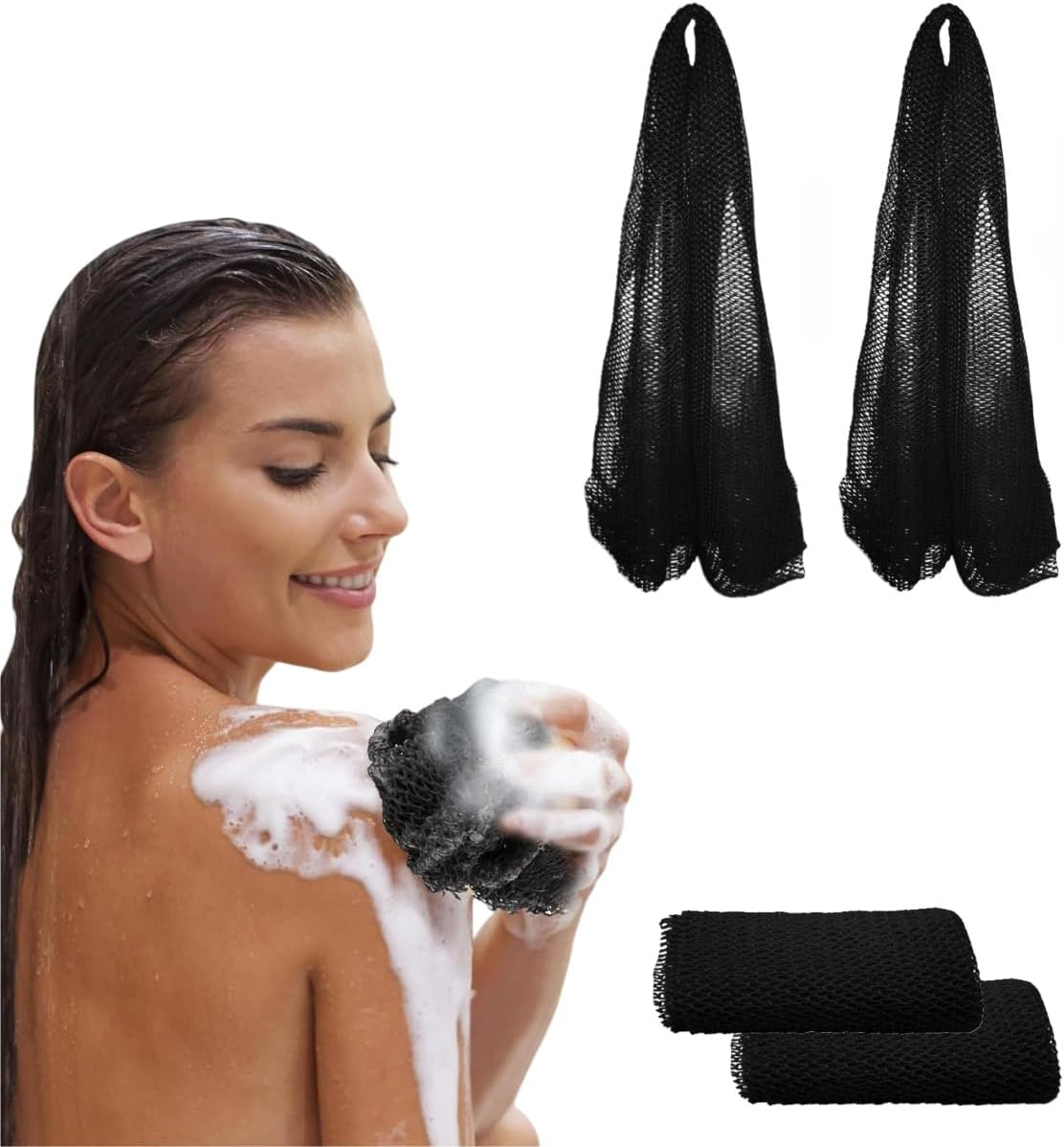 Hpessoterr 2 Pieces Long Bath Net Sponge,Body Exfoliating Long Net Shower Body Scrubber Back Scrubber Skin Smoother,Stretch Len（Black） image number 5