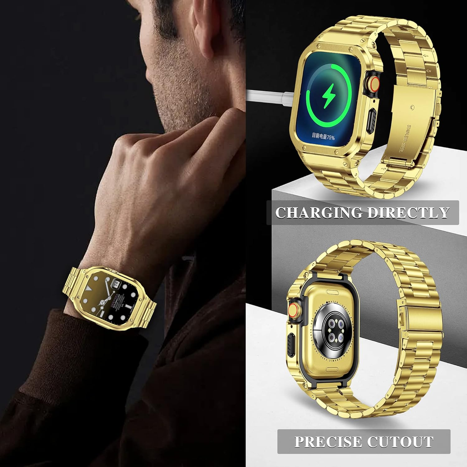 Amznew Apple Watch Band with Case Compatible for Iwatch Series Ultra(49Mm) 8/7(45Mm/41Mm), 6/5/4/Se(44Mm/40Mm), Stainless Steel Watch Bands and Metal Protective Bumper Cover for Men