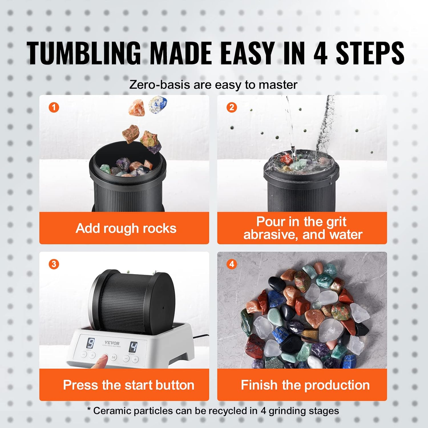 VEVOR Direct Drive Rock Tumbler Kit, 4-Speed/9-Day Timer, Professional Rock Polisher with Rough Gemstones/Grits/Jewelry Fastenings, Stone Polishing Kit for Family Fun Time, STEM Adults Kids image number 3