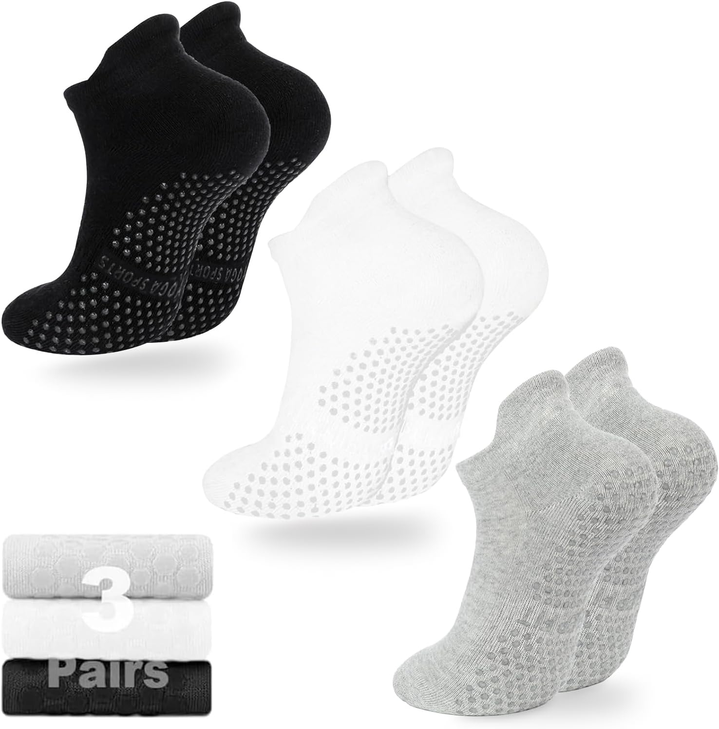 3 Pairs Cushioned Sole Pilates Socks with Grips for Women - Non-Slip Yoga and Ballet Barefoot Workout Grippy Socks - Anti-Skid Athletic Footwear