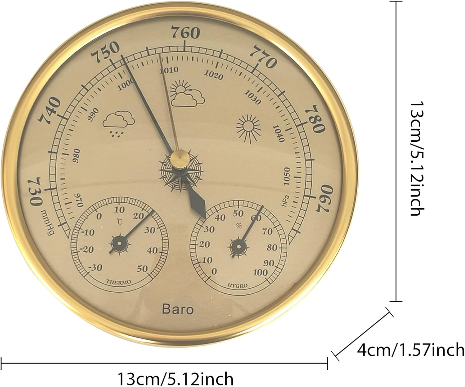 Barometer 3 in 1 Barometer Indoor 5 Inch in Dia Metal Barometer Thermometer Hygrometer Golden Weather Barometer with Temperature Humidity Weather Station for Indoor Outdoor Home image number 4