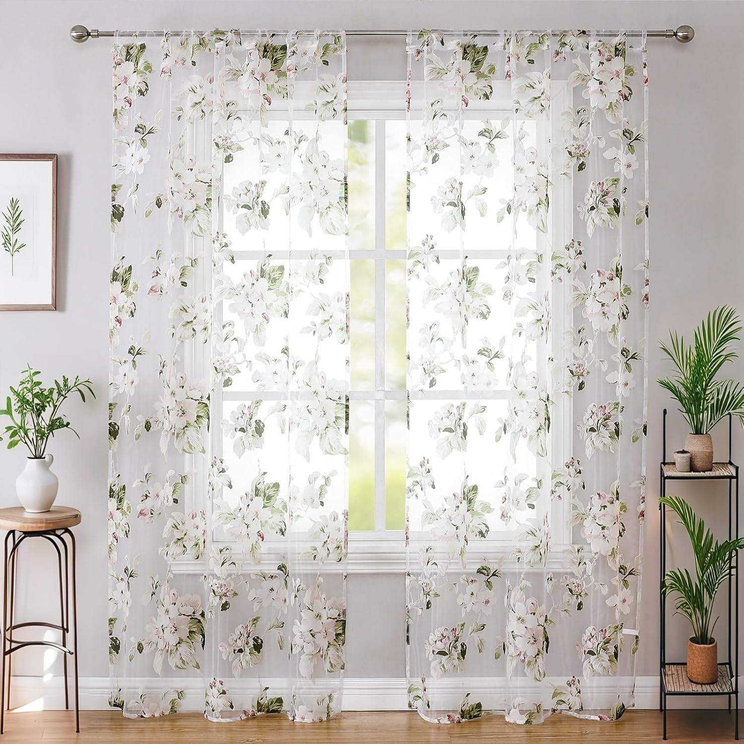 BROSHAN Floral Print Sheer Room Curtains, Pretty Pink Flower Curtain Sheers Sage Green Leaves Pattern Bedroom Curtain Set of 2 Botanical Voile Tulle Window Curtain Panels Rod Pocket image number 4