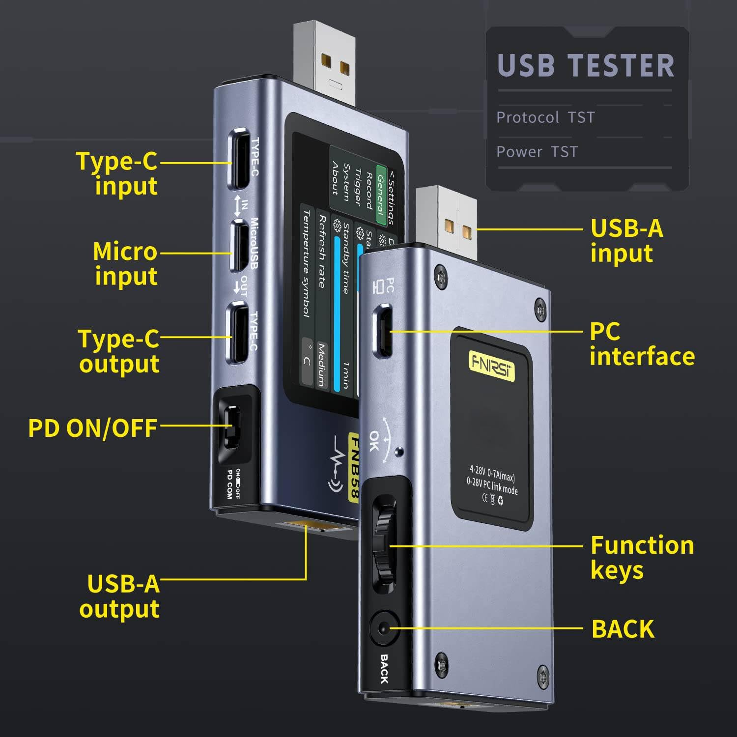 USB 4-28V 7A LCD USB Tester A&C Multimeter Current and Voltage Power Tester with Bluetooth, Fast Charge Detection, Shooting Capability, Ripple Measurement, PD2.0/PD3.0, QC2.0/QC3.0 image number 3