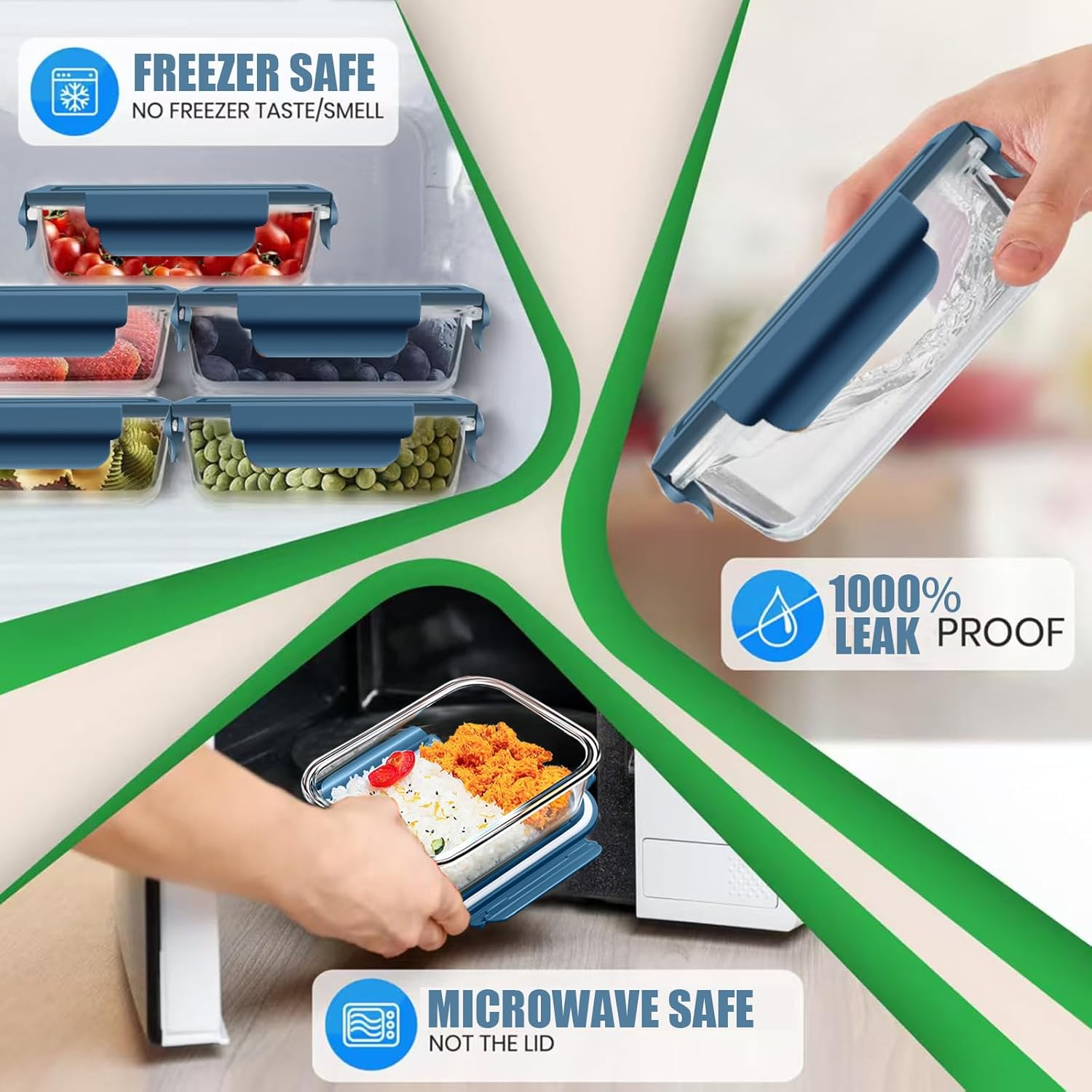 Glass Food Storage Containers 5 Pack,Three Sizes Glass Meal Prep Containers with Snap Lock Leakproof Lids,Lunch Box for Microwave,Freezer,Oven and Dishwasher image number 6