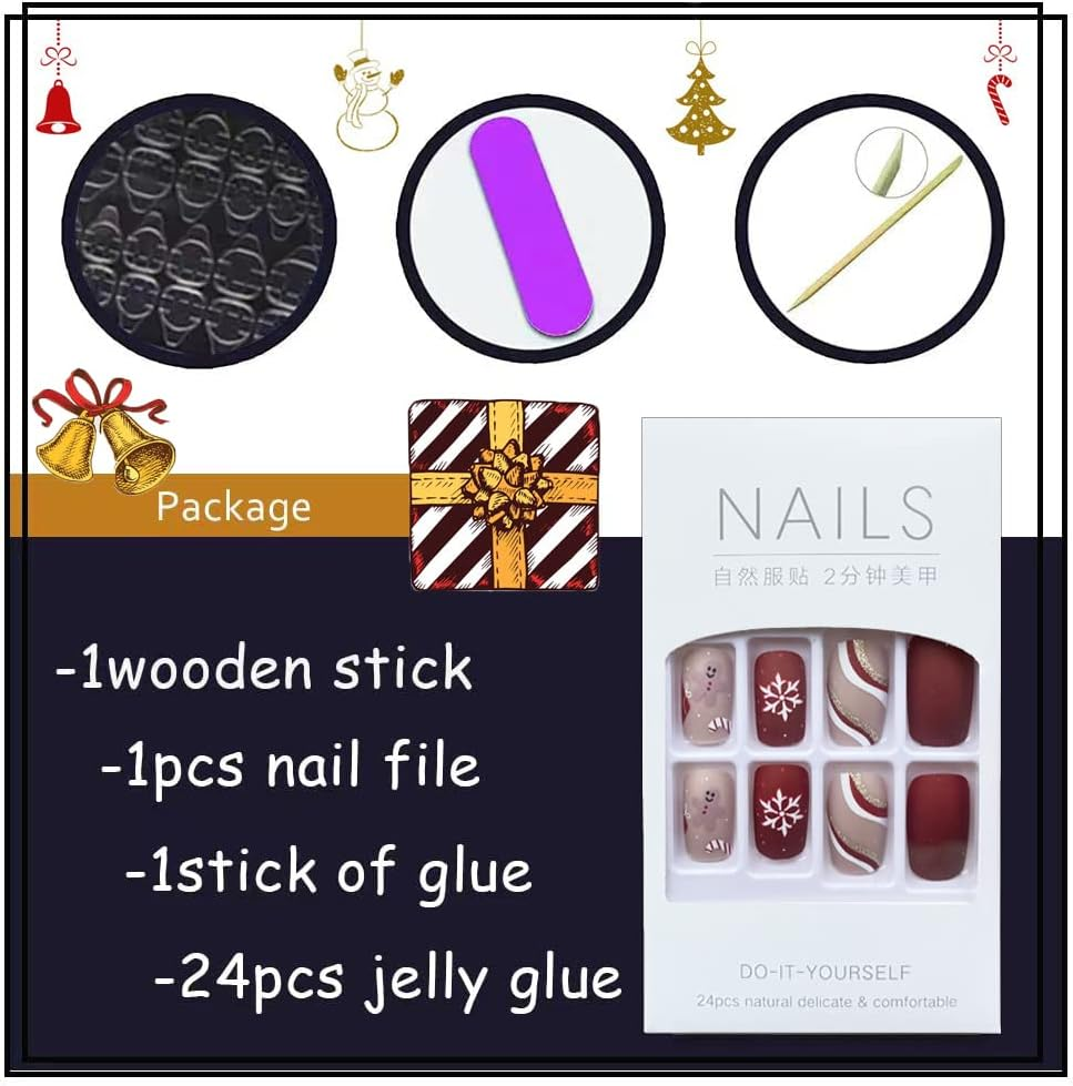 Christmas Press on Snowflake Nails Red Square Fake Nails with Lines Swirl Gingerbread Design Matte Full Cover Glue on Winter False Nails 24 Pcs - B image number 3