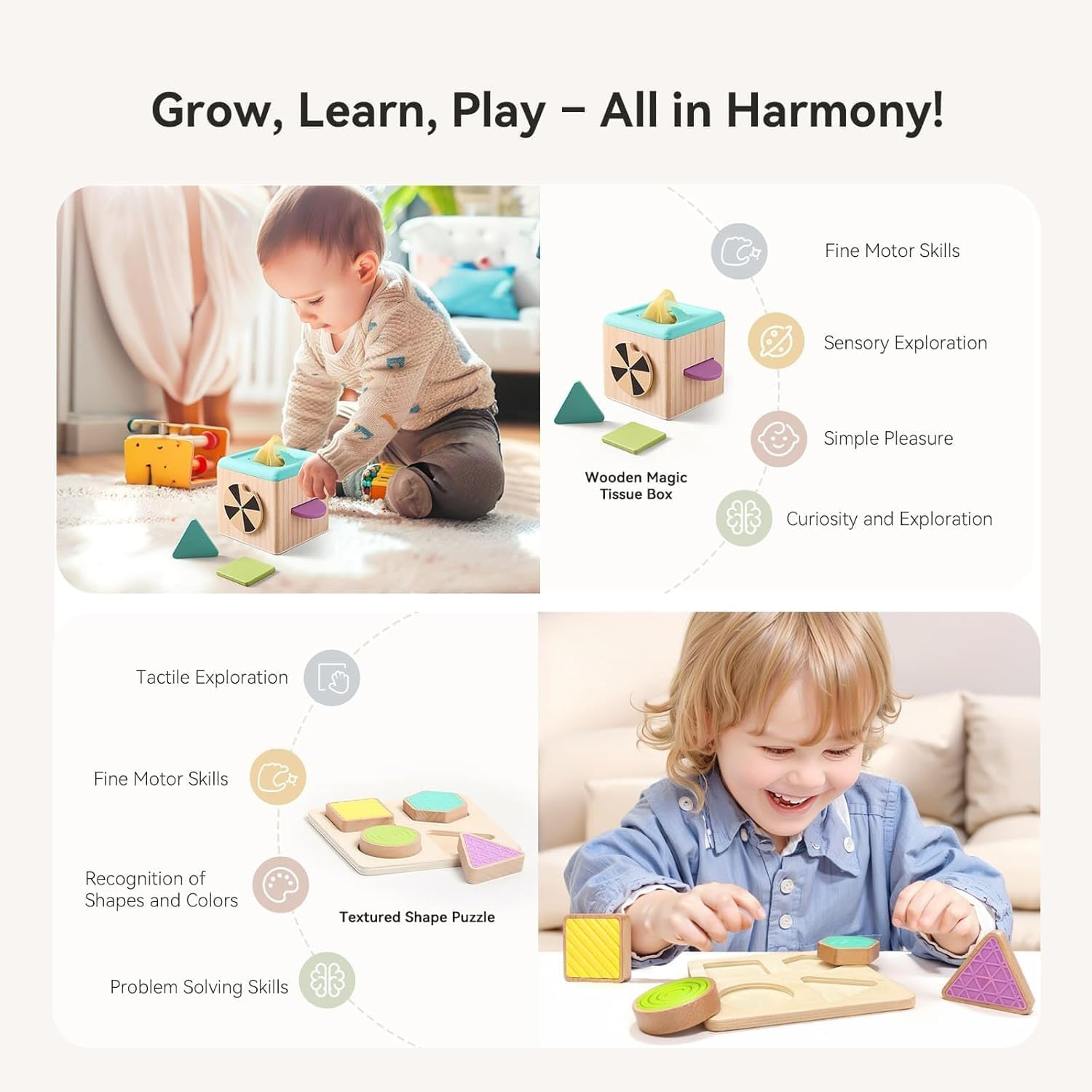 Montessori Toy for Babies 9-12 Months, 7-In-1 Wooden Playful Learning Toys with Egg Cup, Castanets, Magic Tissue Box, Textured Shape Puzzle, Cylinder Drop Box and More image number 1