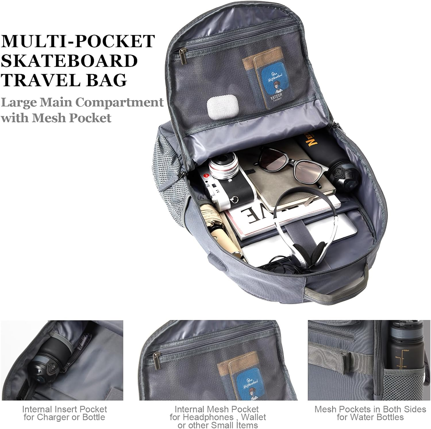 Skateboard Backpack, Large Skateboard Bag for Men and Women Laptop Bag with USB Port, for Skateboarding, College, Travel image number 1