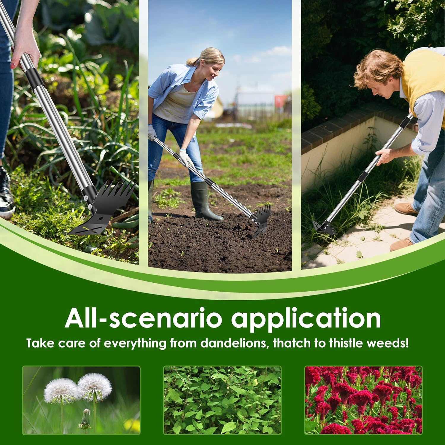 Stainless Steel Weed Removal Tool, Adjustable Length Weed Crack Remover, Upgrade Garden Weeder Tools, Double Head Weeding Puller Tool, Efficient for Vegetable Gardens Backyards image number 4