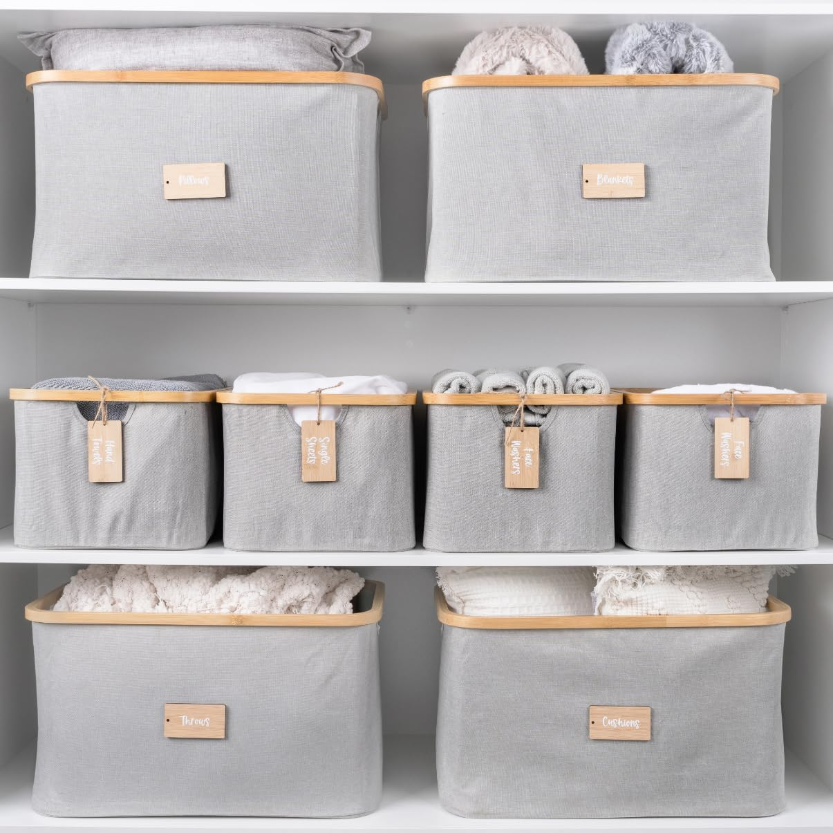 Linen Storage Baskets with Bamboo Rim 8 Pack Light Grey, 4 Large and 4 Medium, Foldable Oxford Cloth Fabric Bins with Label Tags, Wardrobe and Cupboard Organisation for Bedroom Laundry Shelves image number 3