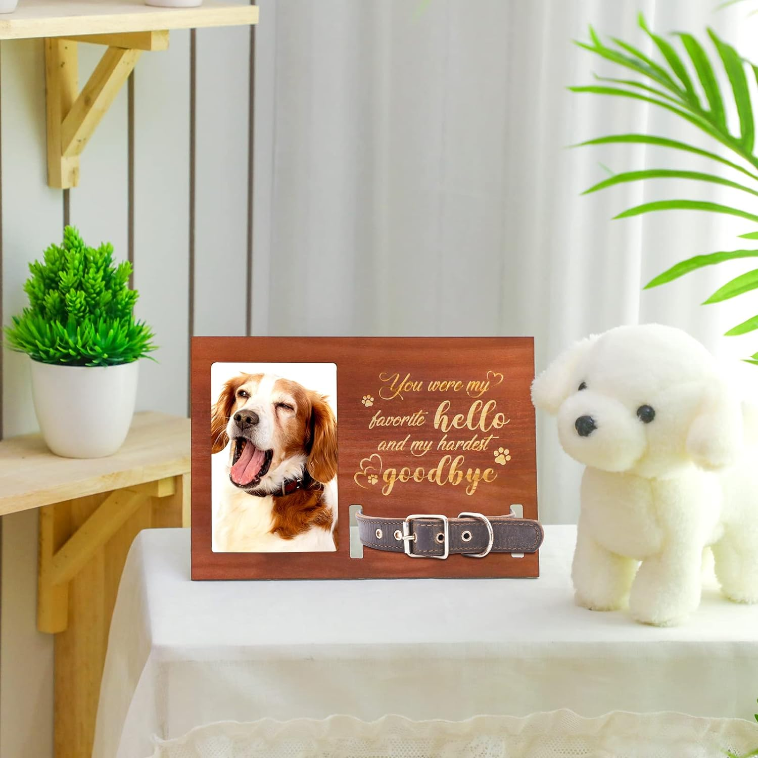 Amyhill Dog Memorial Picture Frame Wooden Personalized Pet Collar Picture Frame Pet Memorial Gifts for Loss of Dog Cat Remembrance Gift Sympathy Photo Keepsake image number 2