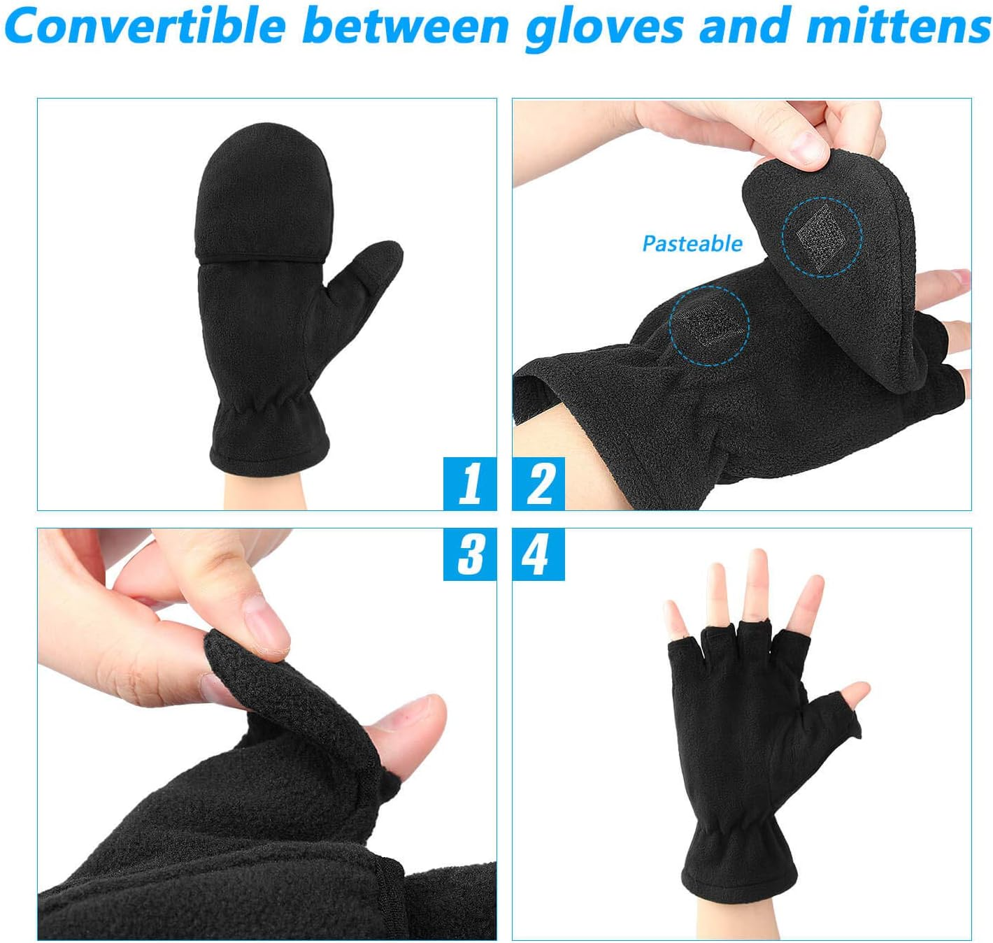 OZERO Winter Fingerless Gloves: Flip Top Convertible Mittens Thermal Windproof Polar Fleece Insulated Lining Warm for Men Women image number 6