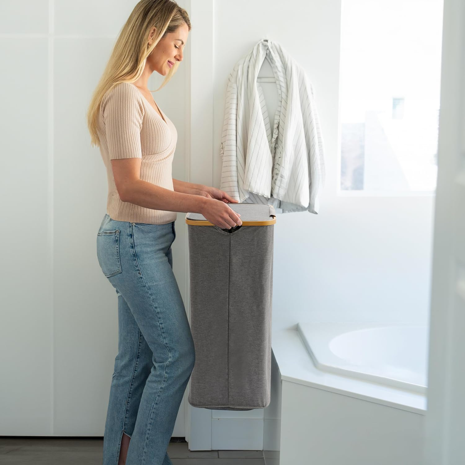 OKAM 100L Laundry Basket with Lid &ndash; Large Collapsible Clothes Hamper with Removable Inner Bag & Bamboo Frame &ndash; Waterproof Laundry Organizer for Bedroom, Bathroom & Laundry Room image number 2