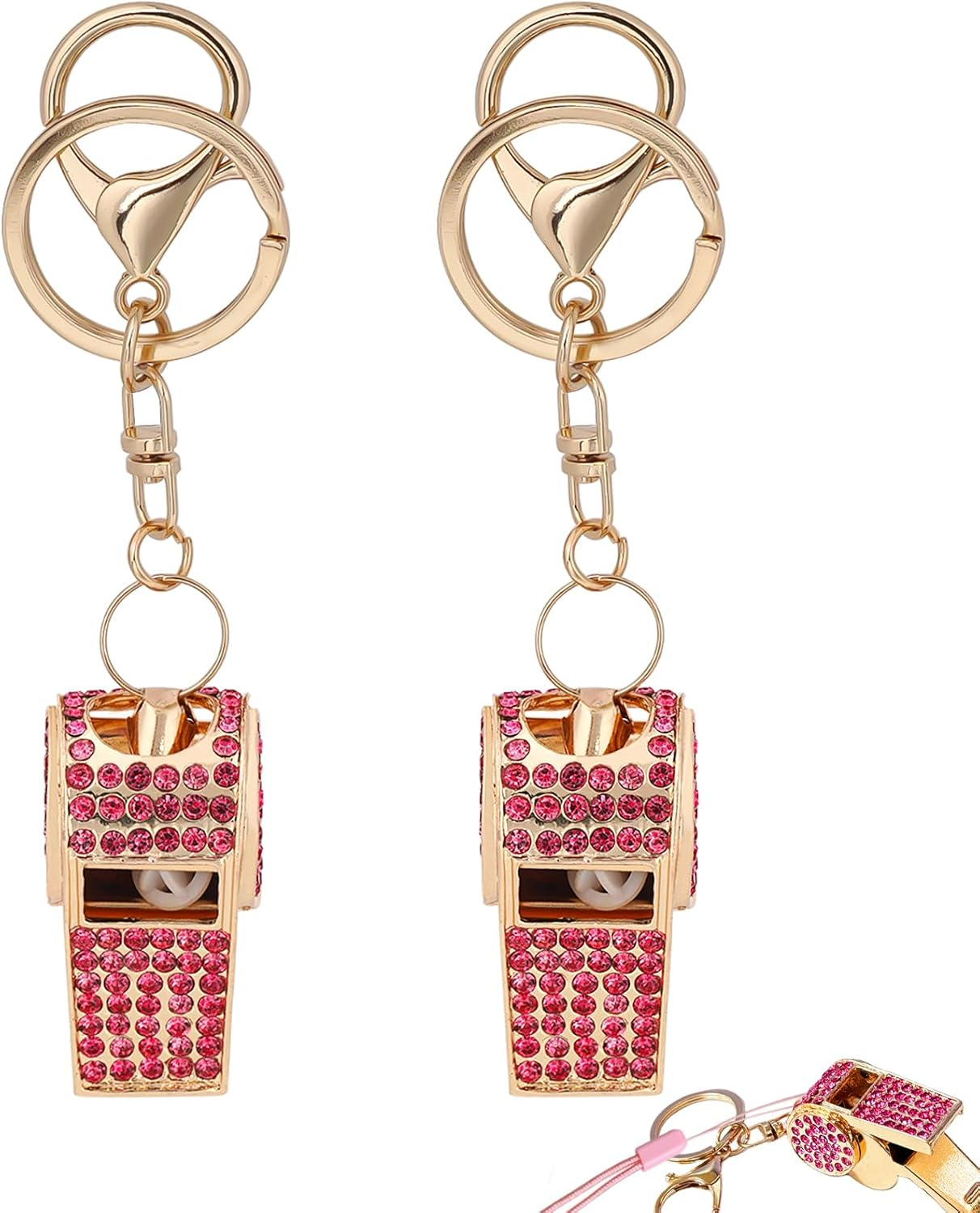 Biiange Referee Whistle, Whistle Keychain, Whistles for Adults with Lanyard, Loud Metal Rhinestone Whistle Whistle Sets for Coaches, Referees, and Hikers (2 Pcs Rose Red) image number 2