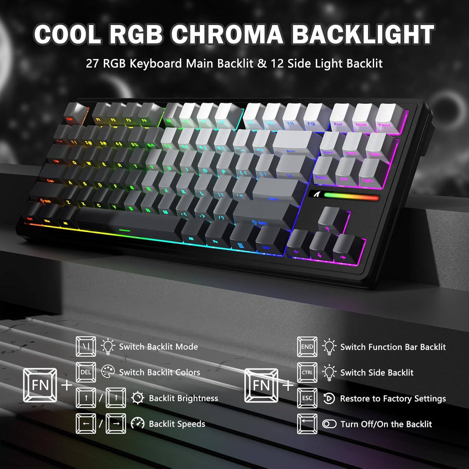 ATTACK SHARK M87PRO TKL Wireless Mechanical Gaming Keyboard, BT5.0/2.4G/USB-C Wired Hot-Swap RGB Keyboard with US Layout, Linear White Switch with Side Gradient Print, Moon Night - Matcha image number 6
