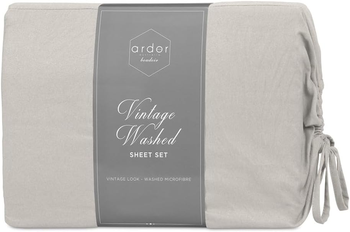 Ardor Boudoir Vintage Washed Fitted Bed Sheet Set, Grey, Queen