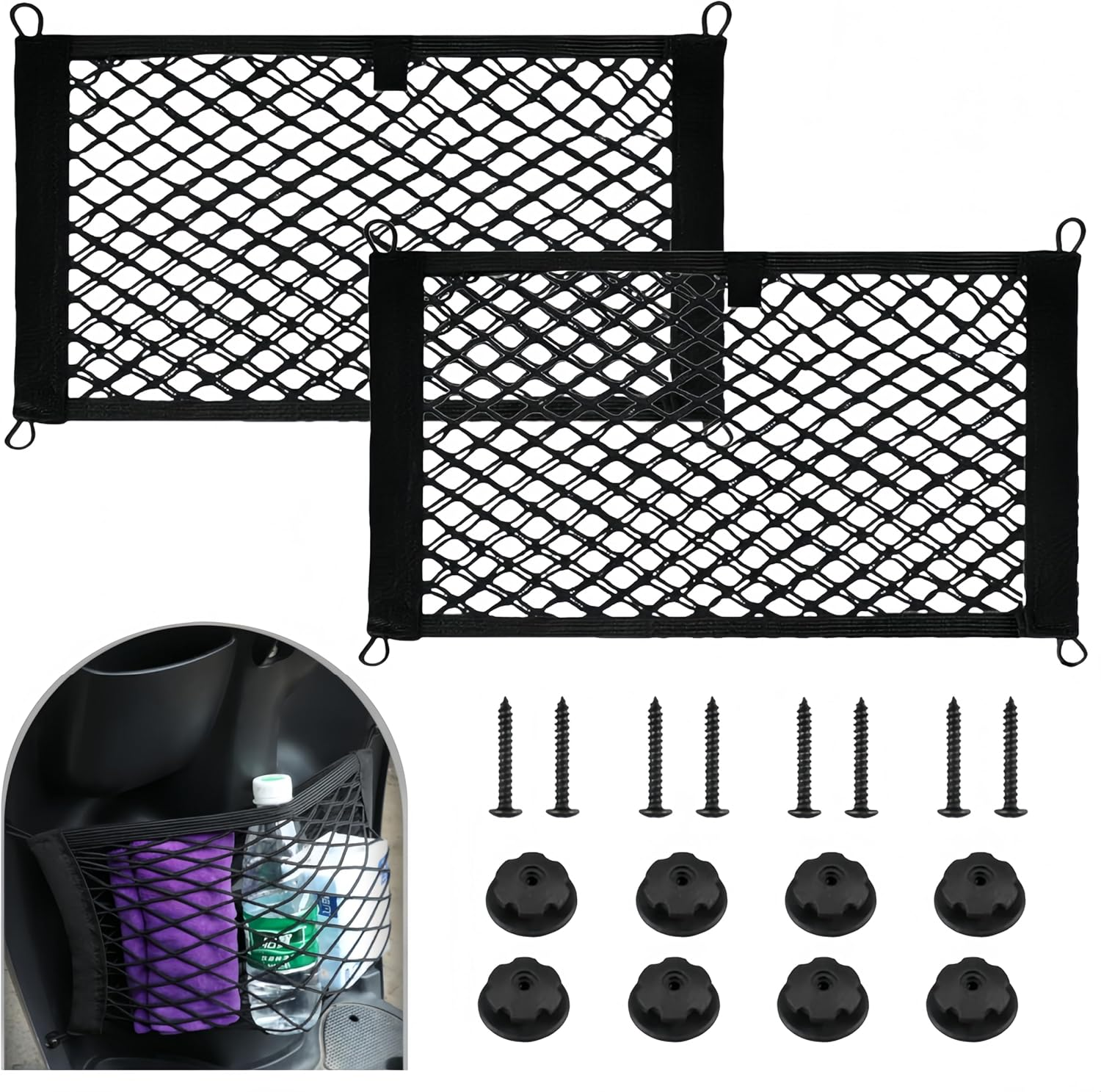 Ai-Oumleef Pack of 2 Car Luggage Net,Double Layer Elastic Storage Net,Stretchable Small Cargo Net,For Trunk Boats Home Storage Stretchable Mesh Pocket Net with 8 Mounting Screws and Hooks(25 X 45 Cm)