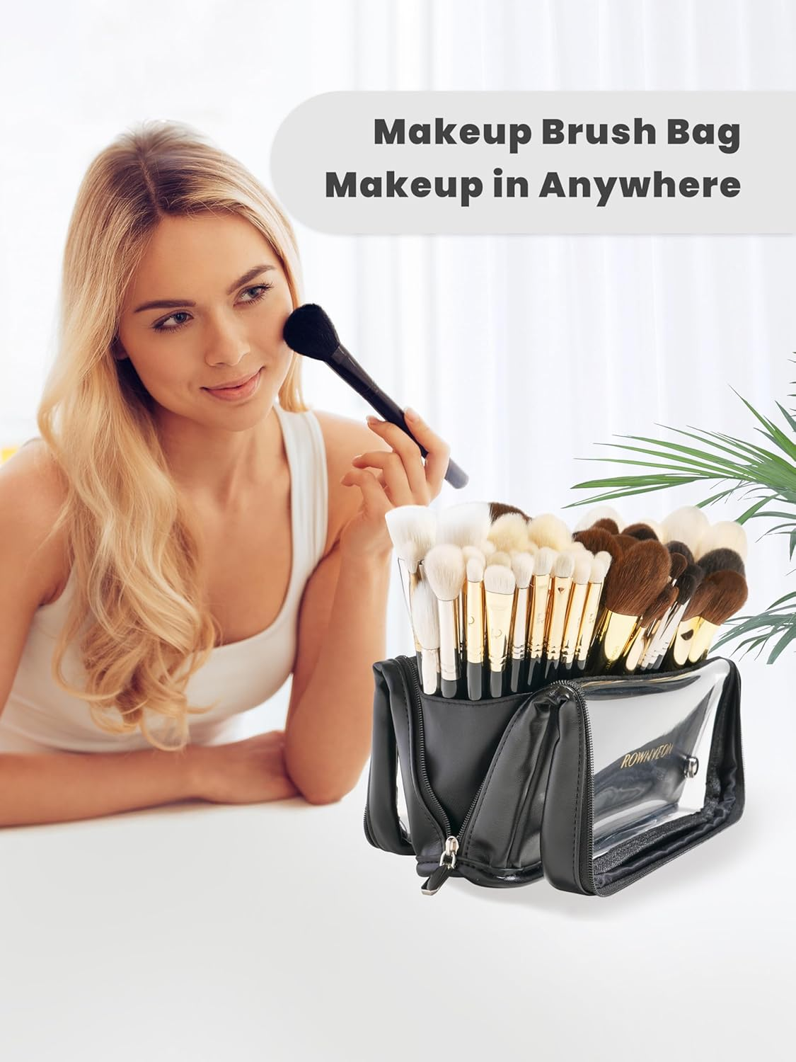 ROWNYEON Makeup Brush Bag, High Capacity Stand-Up Makeup Brush Holder, Travel Professional Cosmetic Bag Artist Organizer Bag Large Makeup Brush Case with Adjustable Divider (Brushes Not Included) image number 1