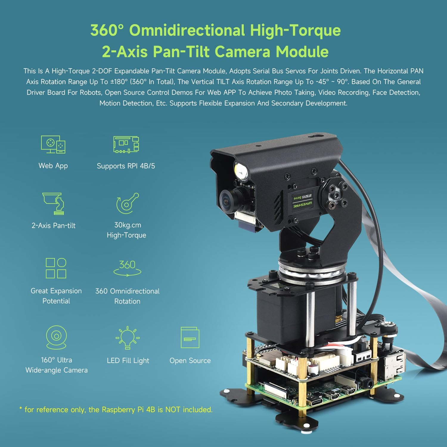Waveshare 360&deg; Omnidirectional High-Torque 2-Axis Expandable Pan-Tilt Camera Module, Compatible with Raspberry Pi 4B / 5, Driven by Serial Bus Servos, Based on General Driver Board for Robots image number 2