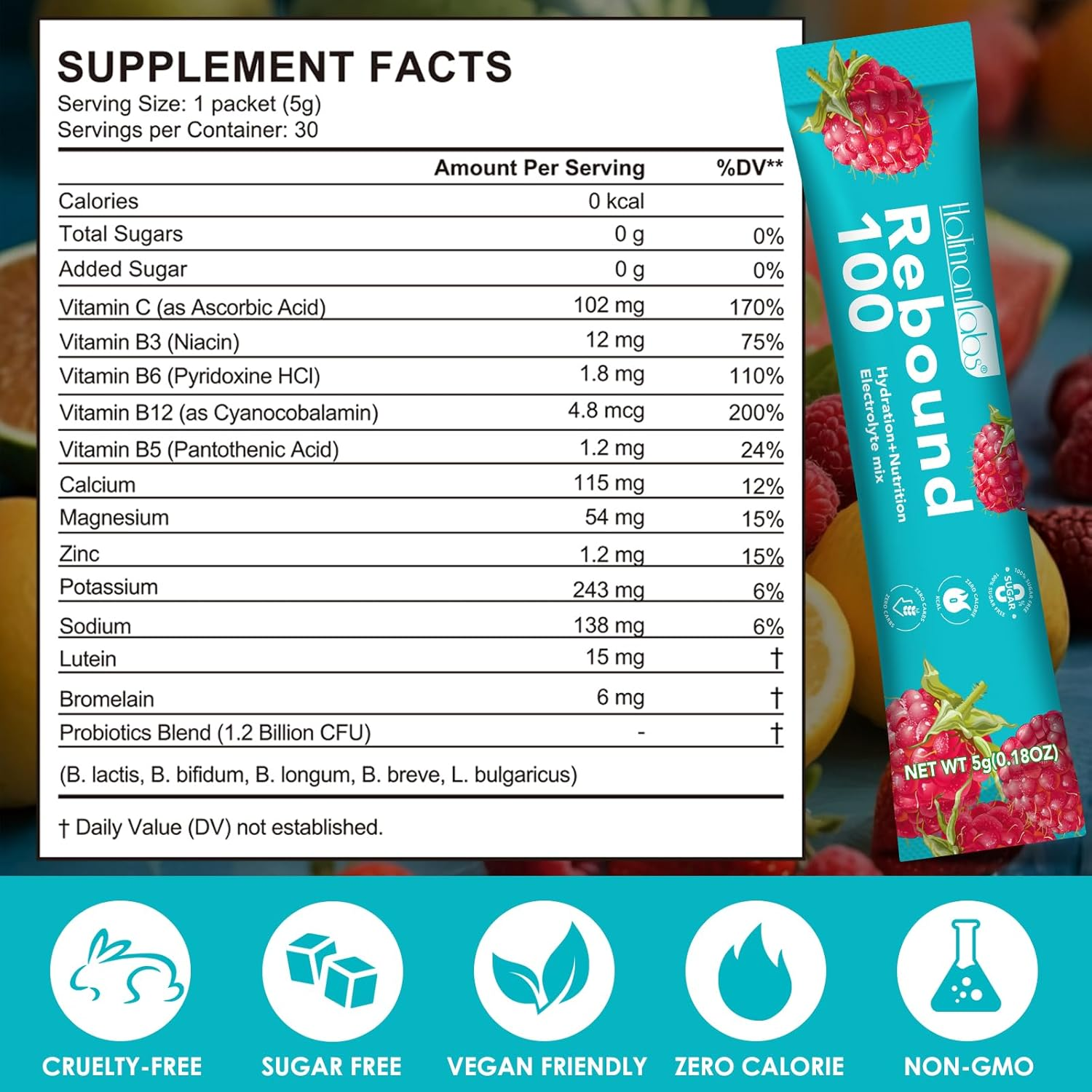 Rebound 100 Electrolyte Drink Mix | Hydration & Nutrition Blend | Sugar-Free, Zero-Calorie Formula | Variety Pack with Watermelon, Orange, Strawberry, Lemon & Raspberry Flavours | 30 Sachets image number 5