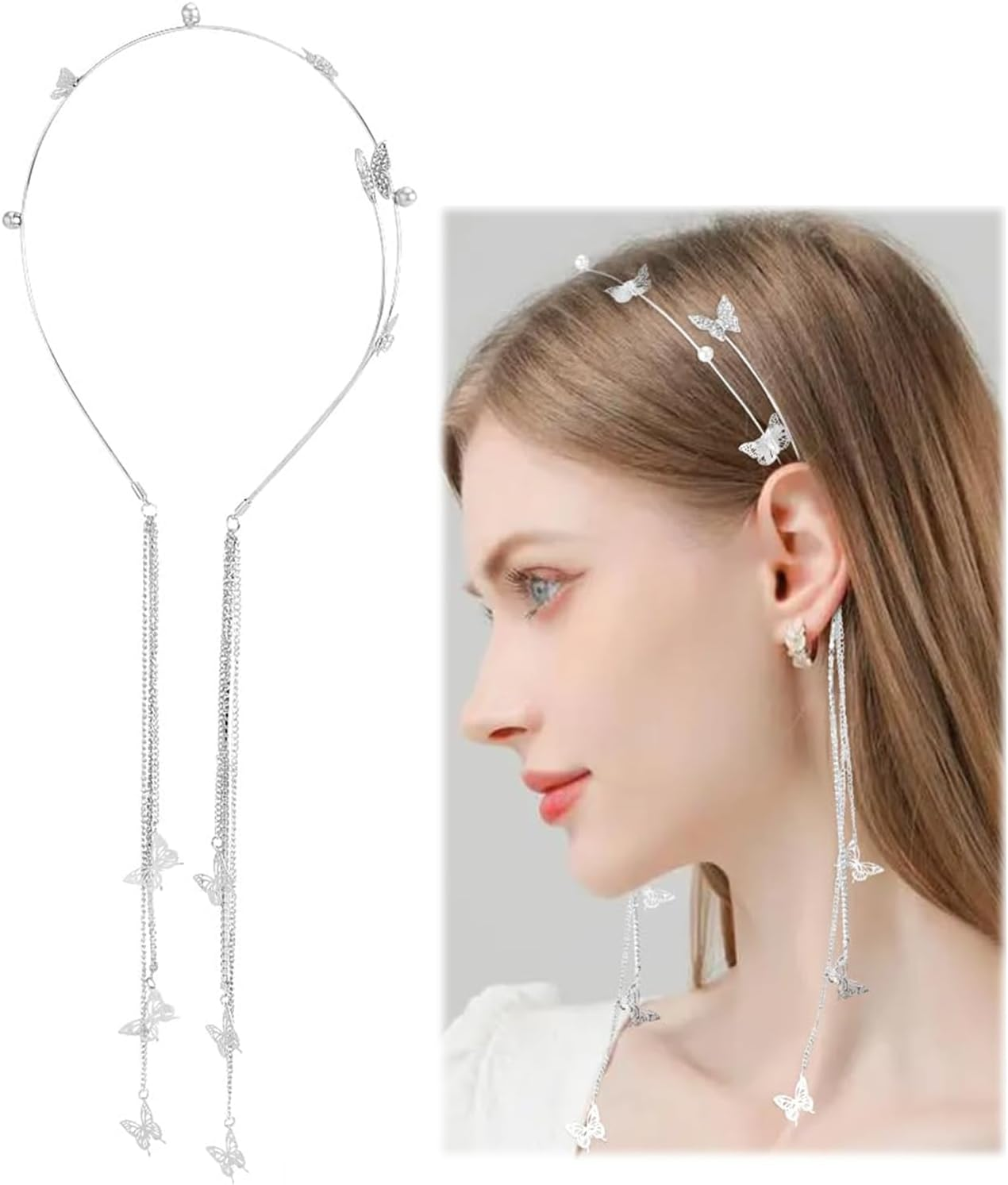 Wedding Butterfly Headband, Chain Silver Tassel Hair Hoop, Crystal Tassel Headband, Vintage Decorative Hair Hoop, Butterfly Crystal Headpiece, for Bride Girls Women image number 2