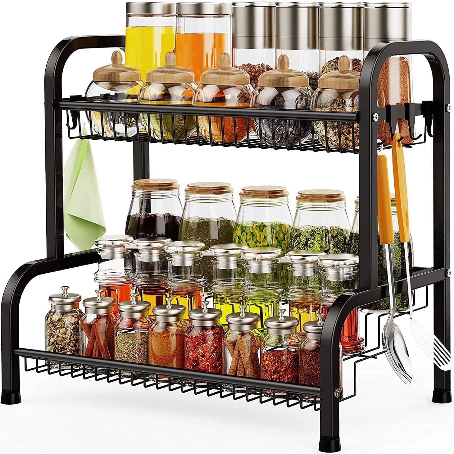HCHANGEN Kitchen Spice Rack Organiser 2-Tier, Ladder Design Storage Stand with 8 Hooks image number 6