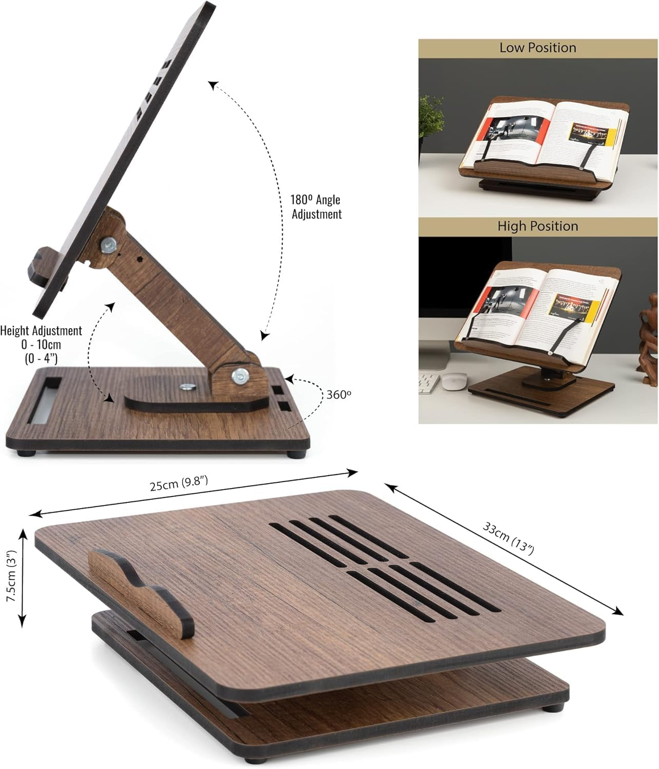 Vigo Wood Book Stand for Reading 360&deg; Adjustable, Wooden Laptop Stand, Cookbooks Holder, Music Scores, Featuring Multi-Height Angles and Foldable Design with Page Clips. image number 2