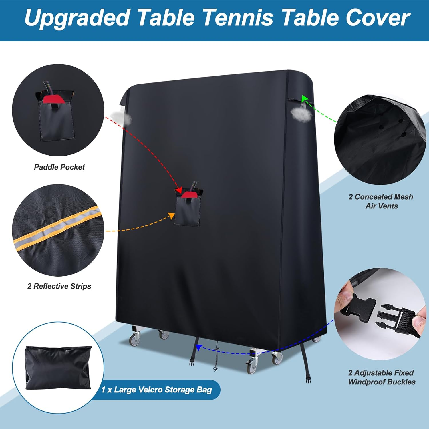 Folding Ping Pong Table Cover Outdoor Waterproof,420D Heavy Duty Foldable Table Tennis Table Cover with Paddle Pocket,2 Windproof Buckles,2 Air Vents,Universal Fits 9X5 FT Foldable Pingpong Tables