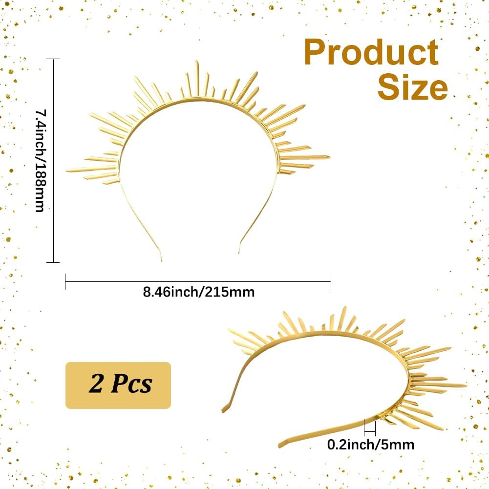 2Pcs Gold Sun Goddess Halo Crown Renfaire Sunburst Zip Tie Spikes Angel Celestial Headband Cosplay Costume Renaissance Headpiece Hair Bands for Women Halloween Wedding Party Hair Accessories image number 6