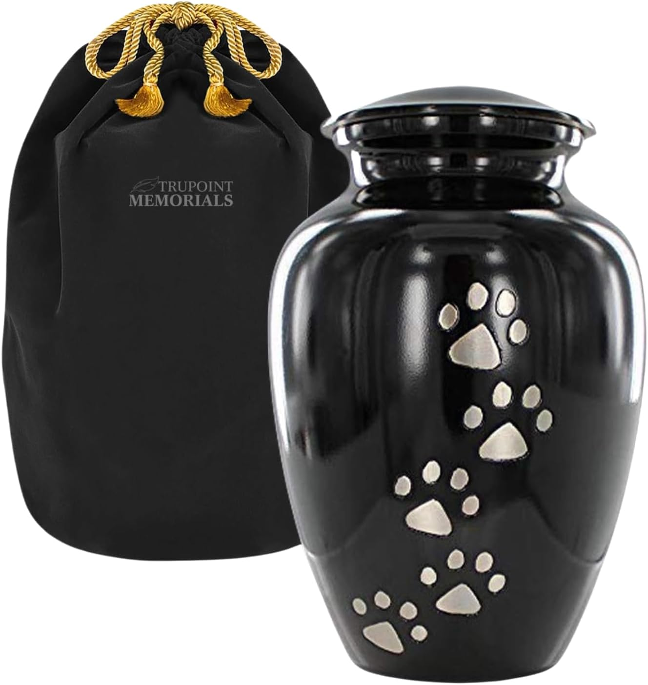 Always Faithful Small Gold Pet Urns for Dogs Ashes and Cats Too - Find Peace and Comfort with This Quality Dog or Cat Pet Urn - 4 Inches Tall Holds Remains up to 17 Lbs - with Velvet Bag